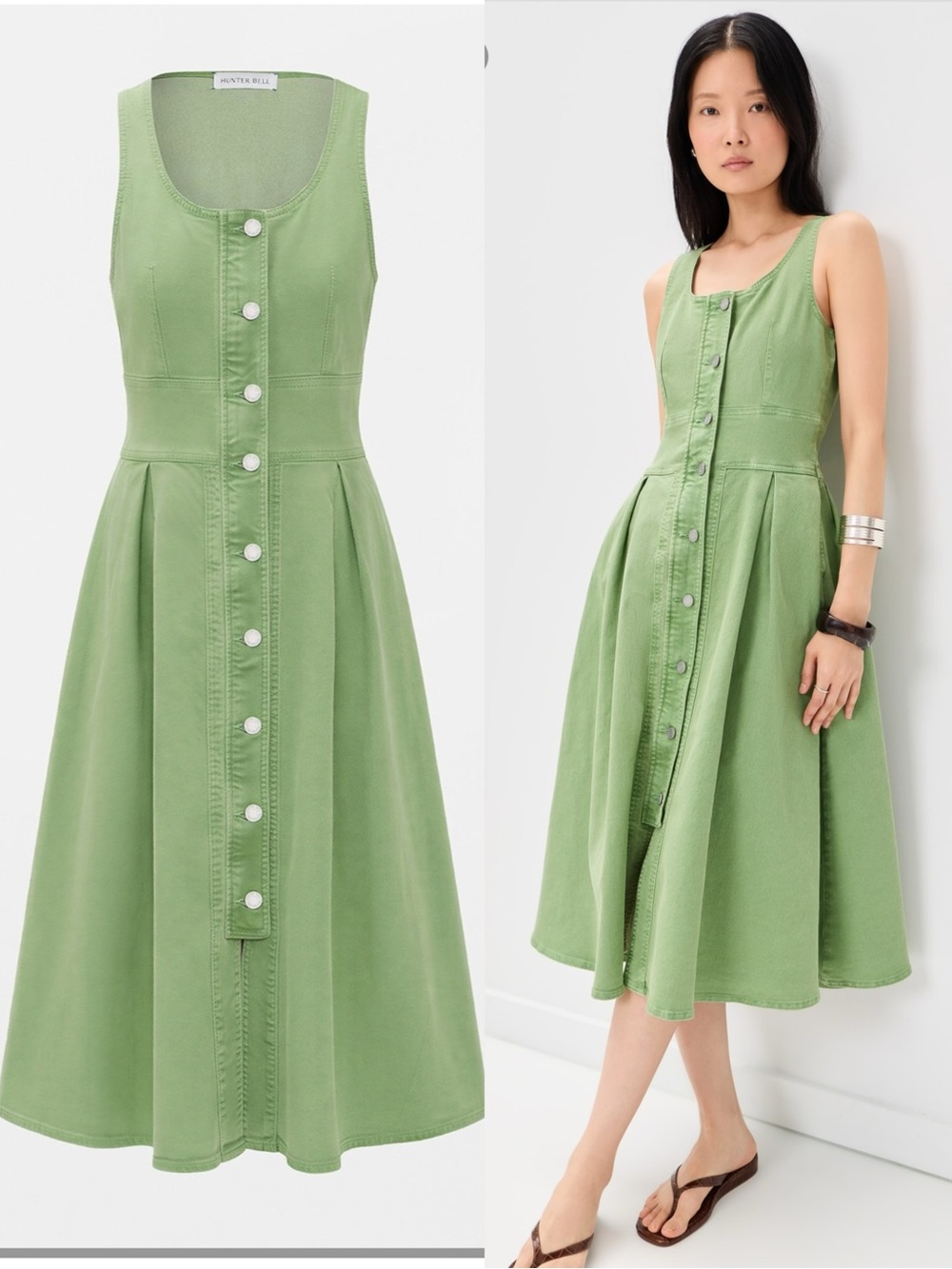 HUNTER BELL Thompson Dress Sleeveless Button-Front Green Midi Dress, US2
